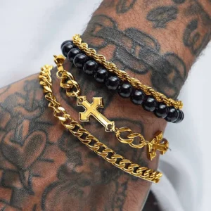 4 Piece Set Fine Jewelry Dark Stainless Steel Cross Bead Bracelets Bangles Gold Plated