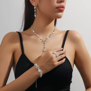 4-Piece Silver Crystal Earrings, Necklace, Bracelet and Ring Rhinestone Jewelry Set for Bridal and Wedding Parties