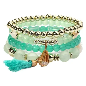 4 Sets Fashion Bohemian Alloy Multi layer Handmade Bead Bracelet, Gemstone Tassel Pendant Bracelet