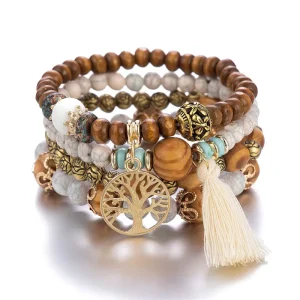 4 Sets Fashion Bohemian Stackable Bead Bracelets for Women Stretch Bohemian Style Crystal Heart Beaded Bracelets