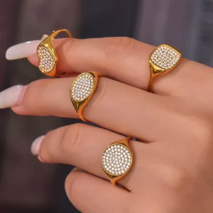 4 Styles Fashion Jewelry Rings Zircon Paved Stainless Steel Women’s Waterproof 18k Gold Plated Wedding Gift Daily Wear