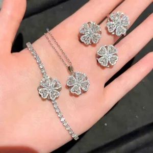 4 pcs Fashion Jewelry Set Four Clover Necklace Earrings Ring Bracelet Set Rotatable Shiny Zircon Silver Jewelry Set for Women
