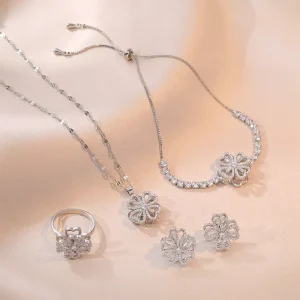 4 pcs Fashion Jewelry Set Four Clover Necklace Earrings Ring Bracelet Set Rotatable Shiny Zircon Silver Jewelry Set for Women