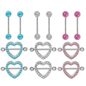 4-piece Set of Double-layer Heart-shaped Full-diamond Fashion Piercing Jewelry Nipple Studs and Nipple Rings