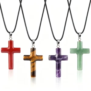 40mm Natural Crystal & Agate Cross Necklace Large Round Pendant Fashion Simple Versatile Women’s Men Jewelry