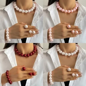 4PCS Set New Fashion Women Big Pearl Jewelry Set Beaded Necklace, Earrings, Rings and Bracelet Set for Women Banquets