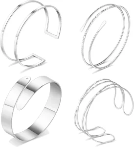4PCS Silver Women’s Upper Arm Cuff Bangle Band Armlet Adjustable Bracelet Set
