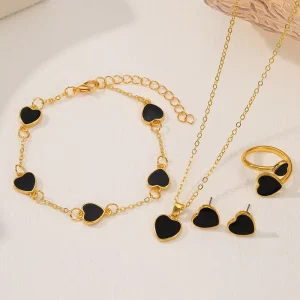 4Pcs Heart Charm Jewelry Set Necklace Bracelet Earring Ring Women Fashion Jewelry Sets