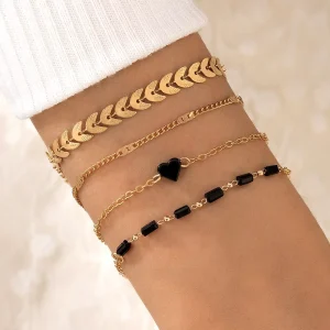 4Pcs Set Bohemian Jewelry Black Heart Leaves Stackable Bracelet Geometric Diamond Beads Bracelet Set for Women