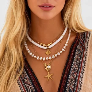 4Pcs Set Boho Peach Heart Imitated Pearl Starfish Shell Pendants Necklace for Women Stacked Choker Jewelry