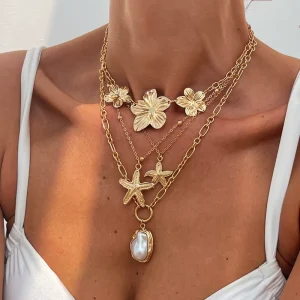 4Pcs Set Charms Irregular Imitated Pearl Starfish Pendant Flower Necklace for Women Trendy Lady Stacked Necklace Fashion Jewelry