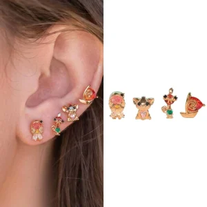 4Pcs Set Princess Cartoon Stud Earrings, 18K Gold Plated, Eco Brass, CZ Crystal, S925 Pin