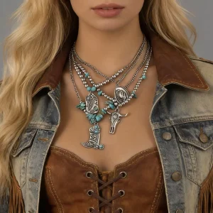 4Pcs Set Vintage Cowboy Elements Hat Boots Ox Head Pendants Necklace for Women Turquoise Necklaces