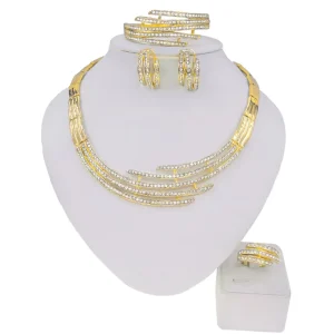 4Pcs set Gold Crystal Necklace Bracelet Ring Earrings Jewelry Fashion Women Jewellery Sets