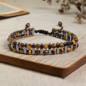 4mm Jewelry Hematite Natural Stone Tiger Eye Beaded Adjustable Bracelet with Black Rope for Men Women Gift Party