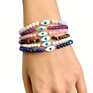 4mm Shell Evil Eye Protection Bracelet Natural Healing Crystal Amulet Beaded Jewelry Tourmaline Amethyst Jade