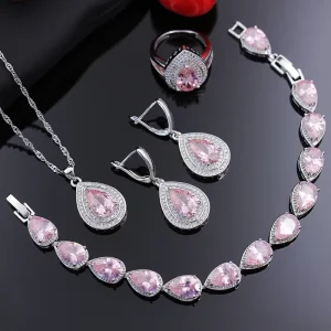 4pcs Luxury Pink Pear Shape CZ Jewelry Set Necklace Earring Bracelet Ring Set For Women Wedding Bridal Jewelry