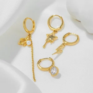 4pcs New Design Five Pointed Star Fringe Earrings 18K Gold Plated Brass Earrings Fashion Jewelry Zircon Earrings Set for Women