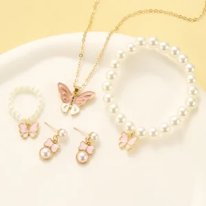 4pcs Set Fashion Women Jewelry Set Alloy Butterfly Pendant Necklace Vintage Bracelet Pearl Beaded Ring Earrings Set for Gift