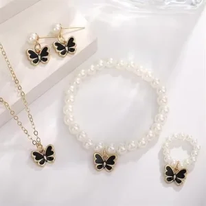4pcs Set Fashion Women Jewelry Set Butterfly Pendant Necklace Vintage Bracelet Pearl Beaded Ring Earrings Set