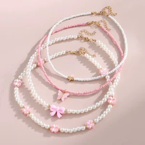 4pcs Set Girls Butterfly Heart Flower Pearl & Beaded Handmade Necklace Set Children Teen Friendship Best Gift for Friends
