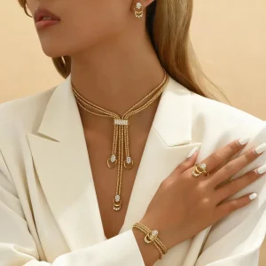4pcs Set Tassels Long Pendant Necklace Earrings Ring Set Fashion Chain with Zircon Jewelry Set for Women
