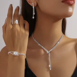 4pcs Women’s Fashionable Jewelry Set with Rhinestones Zircon Necklace Earrings Ring Bracelet Wedding Dress Accessories