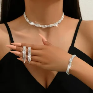 4pcs set Fashion Claw Chain Braided Style Rhinestones Necklace Earring Bracelet Jewelry Set Wedding Dress Jewelry Set (KJ107)