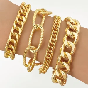 4pcs set Fashion Punk Thick Cuban Hammered Texture Chain Bracelets Set for Unisex Boho Geometric Gold Charm Bracelets Bangles