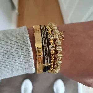 4pcs/set Punk Adjustable Pave Cz Crown Bead Bracelet Set Men’s Stainless Steel Cuff Bangles Handmade Braided Rope Bracelets Men