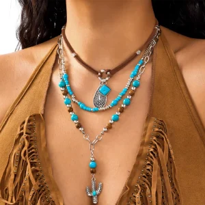 4pcs set Western Cowboy Fashion Pendant Necklaces Set Retro Bull Head Turquoise Hat Layered Neck Rope Choker Chain Jewelry