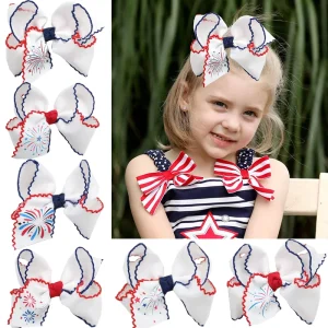 4th of July Moonstitch Hair Bow Clip for Girls Independence Day Patriotic Firework Moonstitch Hair Bow Accessories