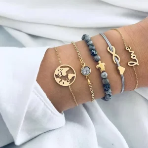 5 Pcs Fashion Boho Anchor Heart Charm Bracelet Set Trendy Jewelry Women Gold Chain Tassel Bead Bracelets Set B05