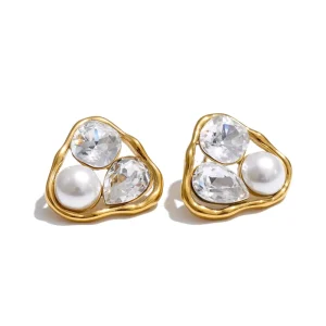 5818 Modern Abstract Trio Stud Earrings Crystal Simulated Pearl Stainless Steel Gold Plated Earrings