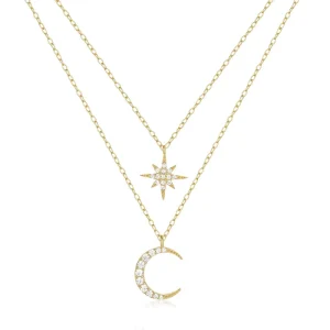 5A Cubic Zirconia Moon and Star Necklaces S925 Sterling Silver Fashion Necklace Jewelry for Gift