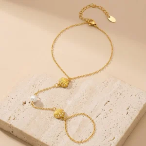 5A Zircon Shell Pendant Bracelet 316 Stainless Steel Plated with 18k Gold Summer Beach Vacation Style Women’s Finger Chain