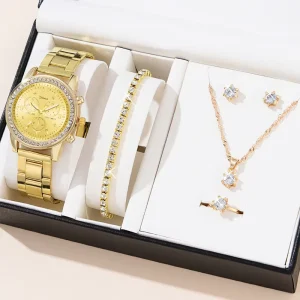 5PCS Unisex Jewelry Set Includes Gift Box Gold Plated Zinc Alloy Watch Ring Necklace Earring Bracelet Rhinestone