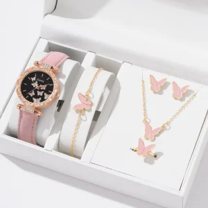 5PCS Women’s Butterfly Ring Necklace Earrings Water Diamond Watch Bracelet Set