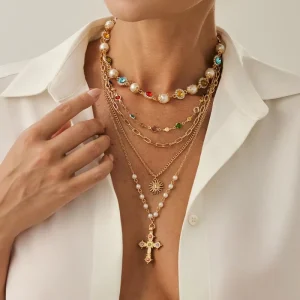 5Pcs Set Charms Imitated Pearl Crystal Chain Sunflower Cross Necklace for Women Stacked Lady Chokers Accessories Fashion Jewelry