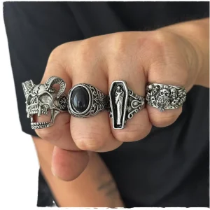 5Pcs Set Trendy Alloy Gothic Mummy Vampire Coffin Devil Satan Skull Ring Set Men Open Ring Punk Rock Halloween Jewelry RG278