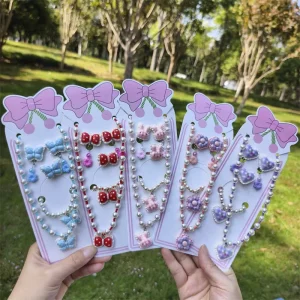 5pcs Korean Fashion Jewelry Necklace Bracelet Ring Earing Set Children Baby Cute Jewelry Flower