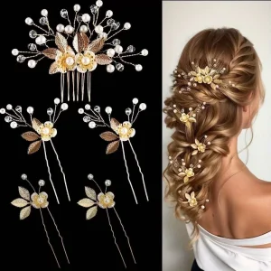 5pcs Set Alloy Fashion Flower Women Hair Accessories Gold Leaf Crystal Pearls Flowers Wedding Bride Hair Jewelry Clips