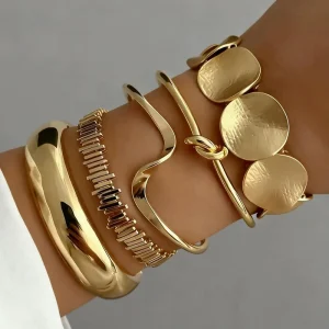5pcs Set Vintage Exaggerated Geometric Smooth Bangle Set Women Irregular Wave Circle Gold Color Bracelets Holiday Party Jewelry