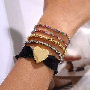 5pcs Stackable Bracelet Set with Rainbow Crystal Tennis, Gold/Silver Beads & Puffy Heart Velvet Band