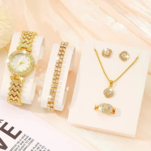 5pcs Women Different Colors and Styles Bracelet Ring Necklace Earring Rhinestone Jewelry Set Luxury Watch Jewelry