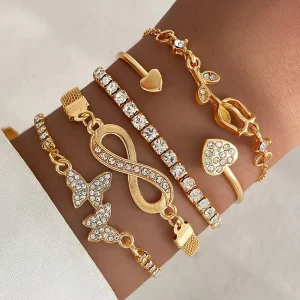 5pcs Women Hand Jewelry Alloy Tulips Butterfly Heart Infinity Gold Metallic Crystal Chain Bangle Bracelet Kit