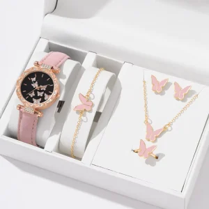 5pcs Women’s Casual Fashion Jewelry Set Butterfly Ring Necklace Earrings Watch Bracelet without Box