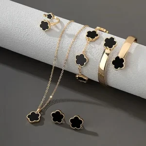 5pcs/set Five Leaf Clover Colorful Women Jewelry Set Flower Bracelet Bangle Ring Earrings Necklace Set