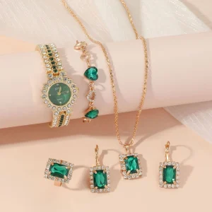 5pcs set Gift Box Luxury Fashion Watch and Jewelry Set Green Watch Set for Women Gift Party Jewelry