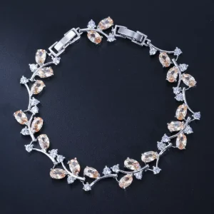 6 Colors Options Leaf Shape Silver Plated Champagne Oval Cubic Zirconia Stones Crystal Bracelets Bangle for Women Gifts